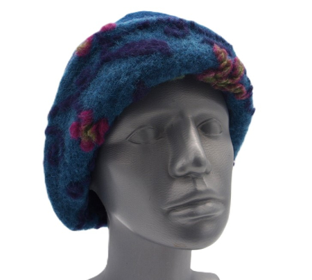 Hut Musterwalkstoff Blumenn pink auf blau gefüttert unifarbener Walk Einheitsgröße