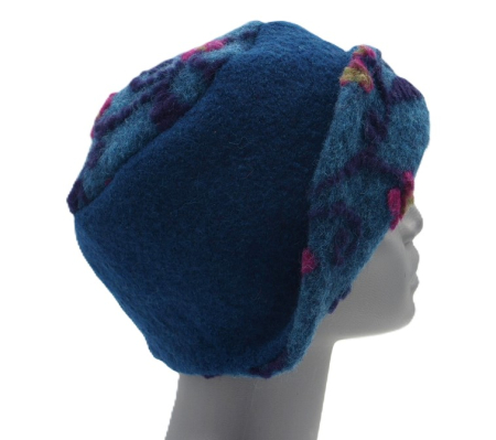 Preview: Hut Musterwalkstoff Blumenn pink auf blau gefüttert unifarbener Walk Einheitsgröße