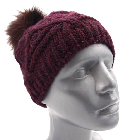 Preview: Gebeana Damen Strick-Mütze aubergine Fell-Bommel Kunstfell, made in Germany