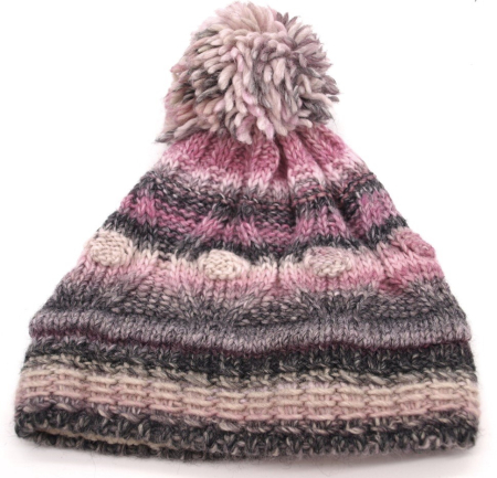 Gebeana Damen Strick-Mütze rosa-grau Bommel Strick made in Germany