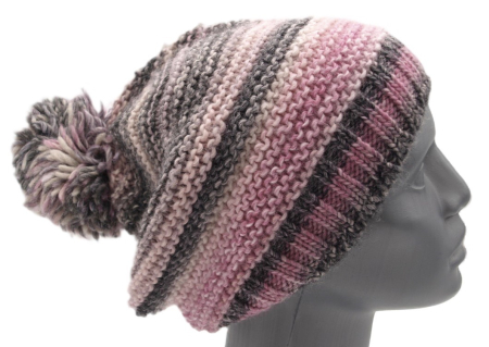 Preview: Gebeana Damen Strick-Mütze rosa-grau Bommel Strickmade in Germany