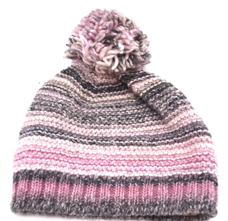 Gebeana Damen Strick-Mütze rosa-grau Bommel Strickmade in Germany