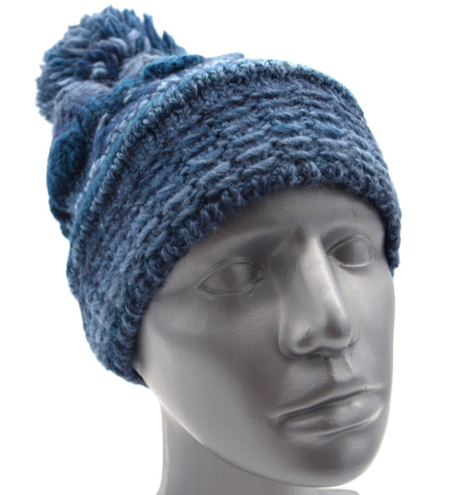 Preview: Gebeana Damen Strick-Mütze blau Bommel Strick made in Germany