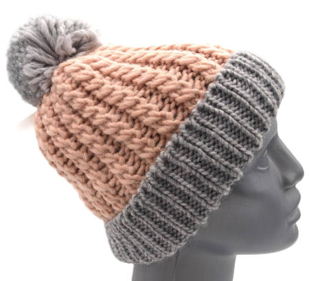 Preview: Damen Faustmann Strick-Mütze rosa-grau Bommel Strick