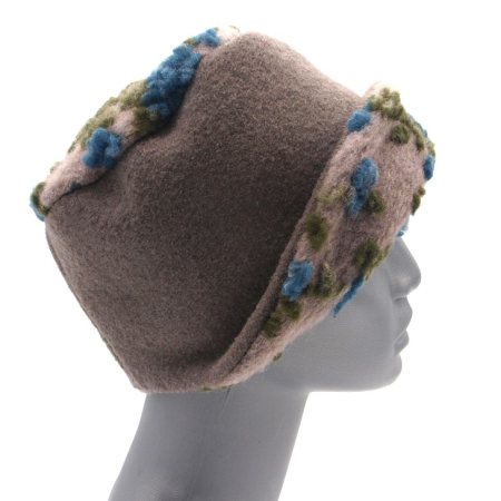 Preview: Hut Musterwalkstoff Blumen blau auf beige gefüttert unifarbener Walk Einheitsgröße