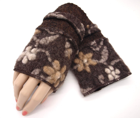 Neu Stulpen Pulswärmer Unikat Blumen beige auf braun