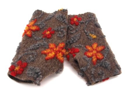 Preview: STULPEN Blumen orange auf braun HANDGEFERTIGT mit Daumenloch