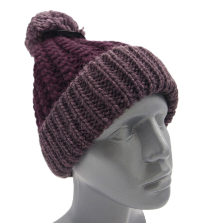 Preview: Damen Faustmann Strick-Mütze lila aubergine Bommel Strick