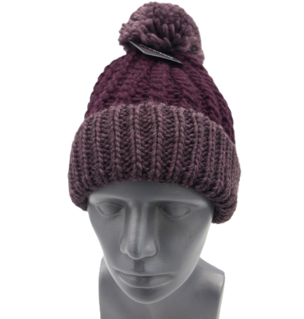 Preview: Damen Faustmann Strick-Mütze lila aubergine Bommel Strick