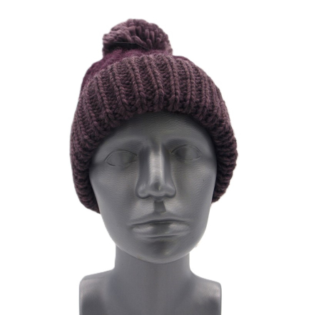 Preview: Damen Faustmann Strick-Mütze lila aubergine Bommel Strick