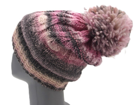 Preview: Gebeana Damen Strick-Mütze rosa-grau Bommel Strick made in Germany