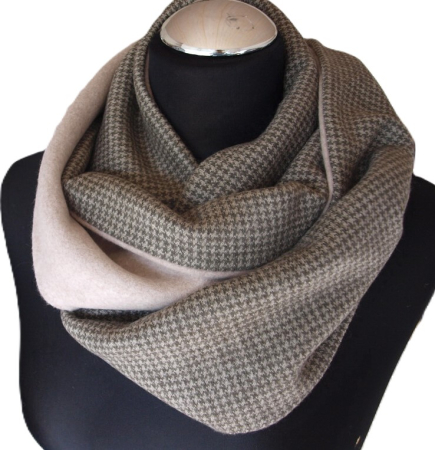 Loop Hahnentritt Loopschal Bio-Baumwollfleece beige gefüttert handgefertigt