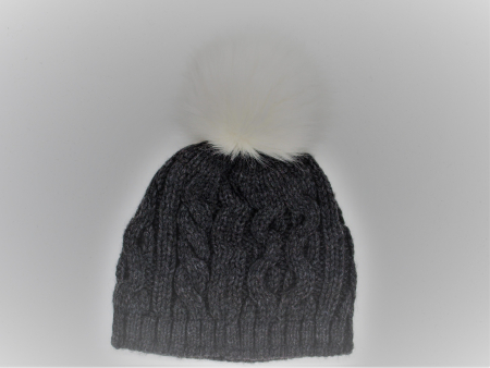 Gebeana Damen Strick-Mütze anthrazit Fell-Bommel Kunstfell, made in Germany
