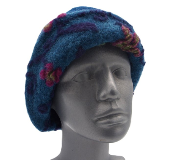 Hut Musterwalkstoff Blumenn pink auf blau gefüttert unifarbener Walk Einheitsgröße