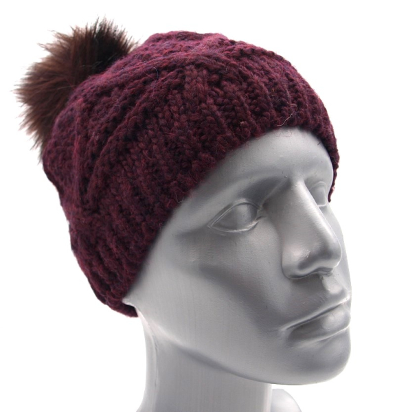Gebeana Damen Strick-Mütze aubergine Fell-Bommel Kunstfell, made in Germany