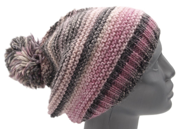 Gebeana Damen Strick-Mütze rosa-grau Bommel Strickmade in Germany