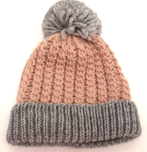 Damen Faustmann Strick-Mütze rosa-grau Bommel Strick