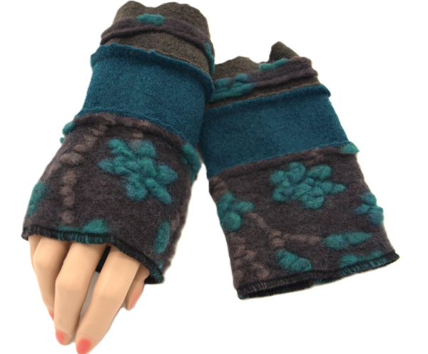 Neu Stulpen Pulswärmer Unikat Blumen türkis auf anthrazit