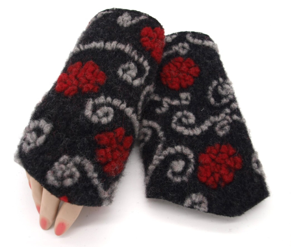 STULPEN GRAU MIT ROTEN Blumen HANDGEFERTIGT mit Spitze