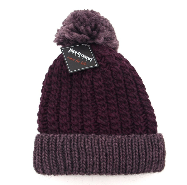 Damen Faustmann Strick-Mütze lila aubergine Bommel Strick
