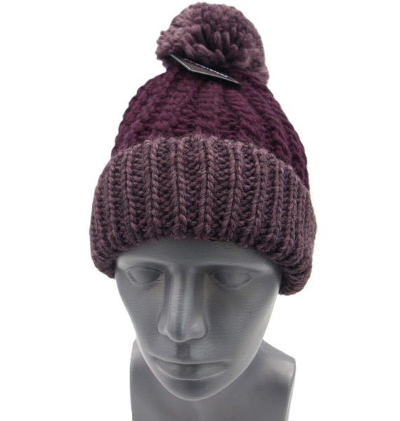 Damen Faustmann Strick-Mütze lila aubergine Bommel Strick