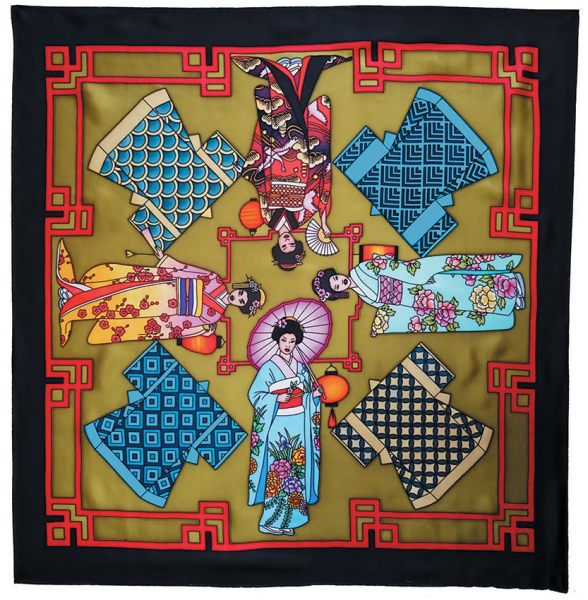 GEISHAS PIERRE WILLOCQ LA COLLECTION GUTTA-SEIDENTUCH 90x90cm Habotai /Ponge 9 Konturen SCHWARZ