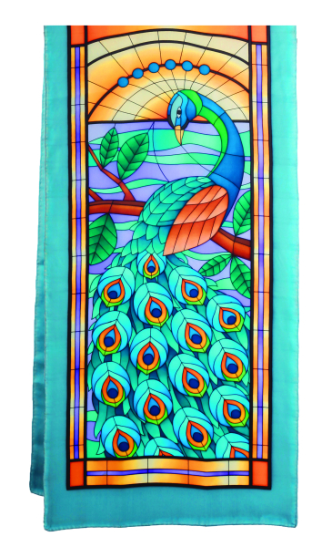 PEACOCK PFAU Pierre Willocq SEIDENSCHAL 45x180 Ponge 9 Konturen schwarz