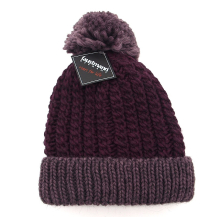 Damen Faustmann Strick-Mütze lila aubergine Bommel Strick