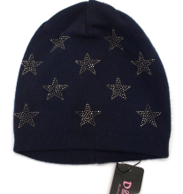 Mütze D&F Fashion Strickmütze dunkelblau Sterne doppellagig 30% Kaschmir 70% Viskose